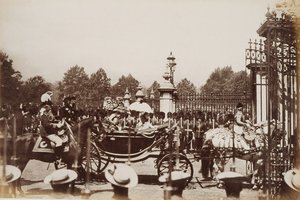 Queen Victoria (1819-1901) being driven through central London during her Golden Jubilee celebrations, 1887